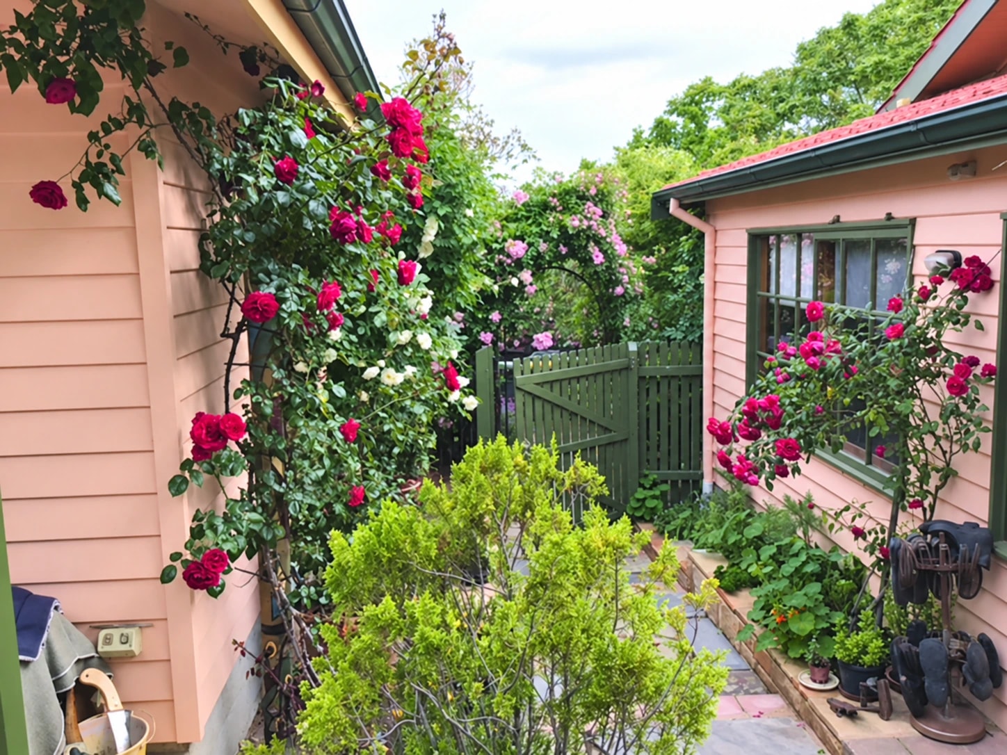 A spring garden path leading through flowering borders towards a rose-covered arch in Castlemaine