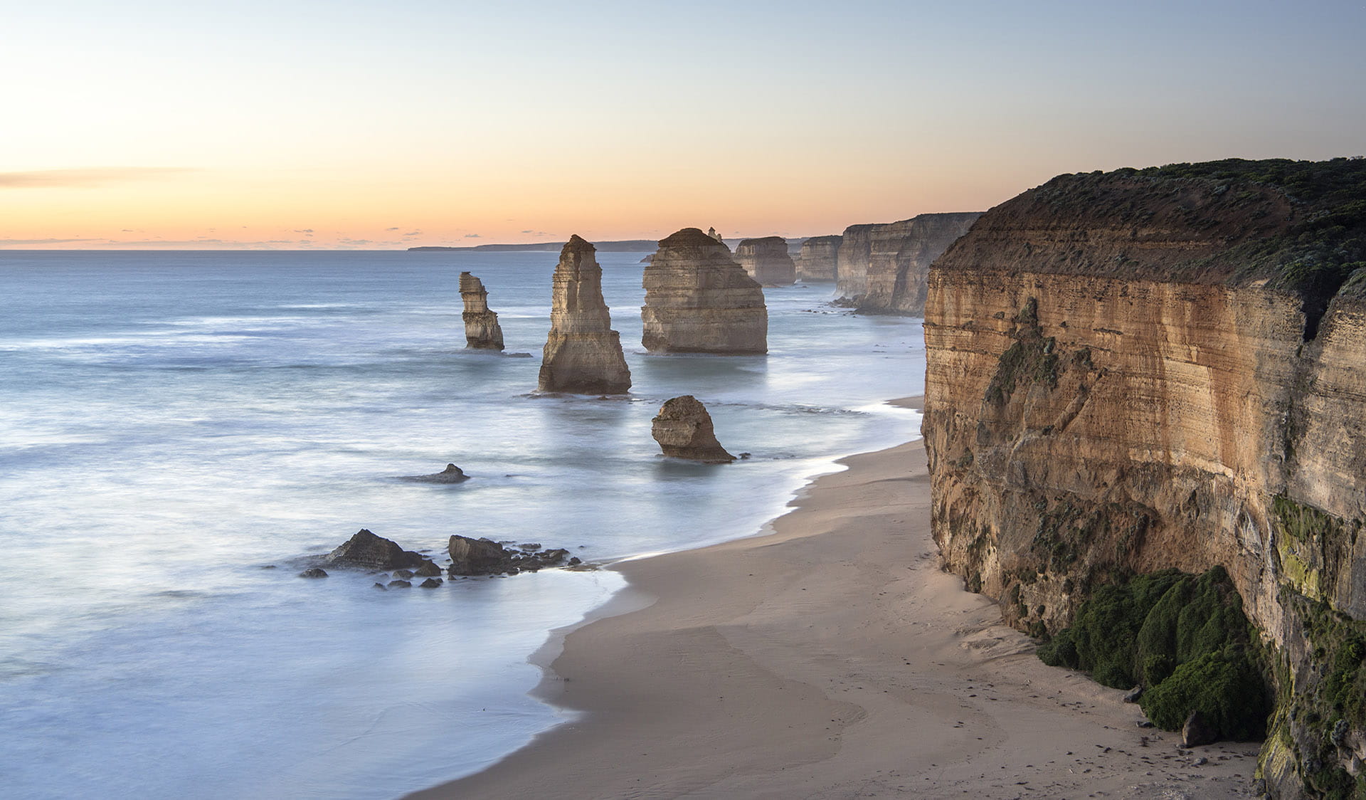 Limestone stacks rising from the Southern Ocean, viewed from the Twelve Apostles lookout on Victoria’s Great Ocean Road